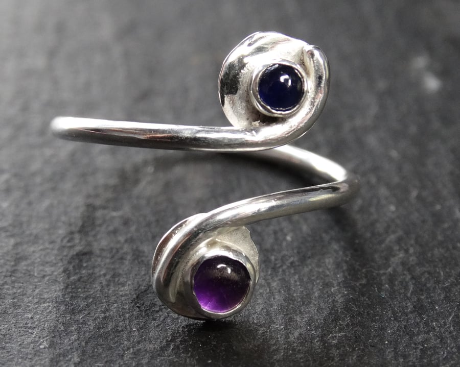 Tristan ring. sterling silver, amethyst & sapphire, gemstone . Fully adjustable