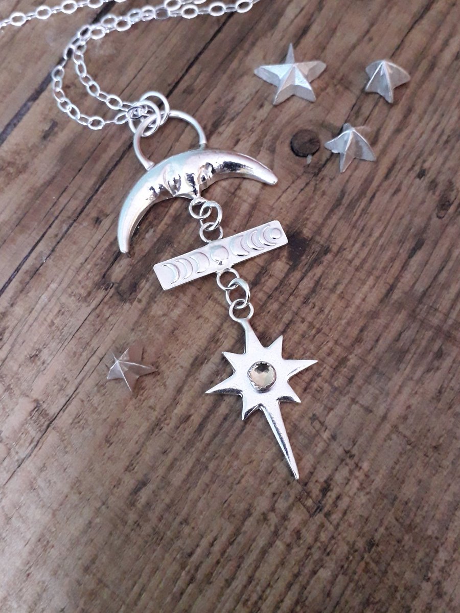 Celestial Night Sky Necklace, Stars, Moonphases, Silver