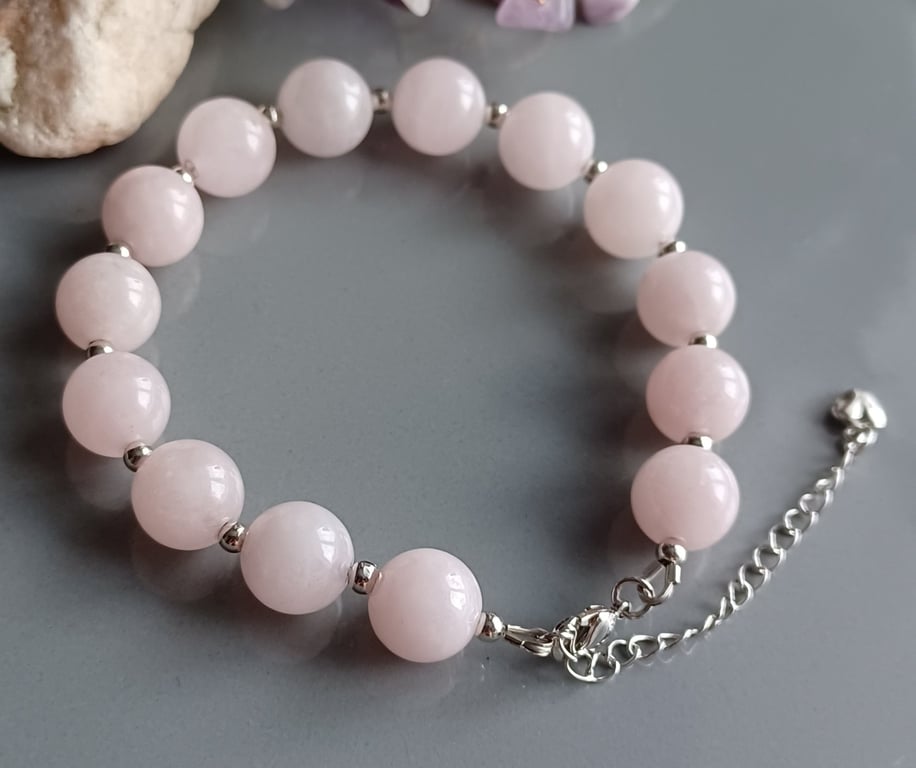 Rose Quartz Beaded Bracelet, Rhodium Plated Stainless Steel, Adjustable Chain