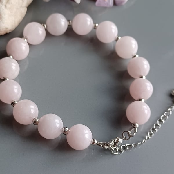 Rose Quartz Beaded Bracelet, Rhodium Plated Stainless Steel, Adjustable Chain