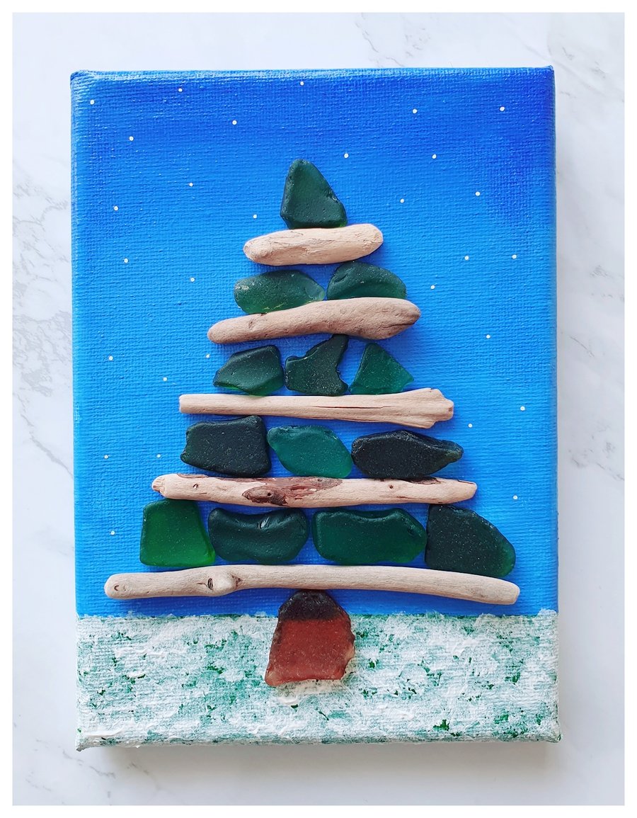 Seaglass and driftwood Pine Tree " Winter"