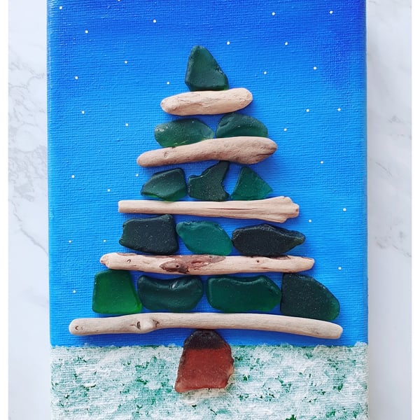 Seaglass and driftwood Pine Tree " Winter"