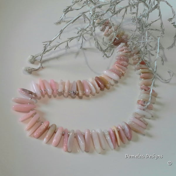 'AA'  Grade Puruvian Pink Opal Toothed Collar Style Sterling Silver Necklace
