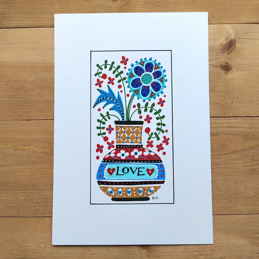 Flower folk art painting in love vase, A5 original artwork floral decorative  