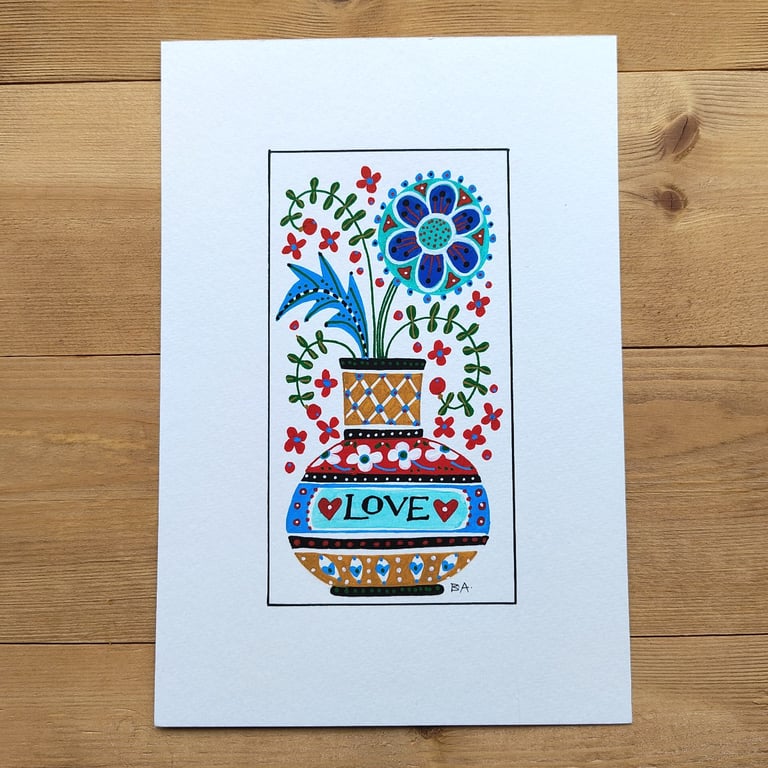 Flower folk art painting in love vase, A5 original artwork floral decorative  