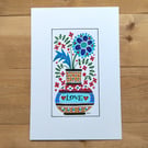 Flower folk art painting in love vase, A5 original artwork floral decorative  