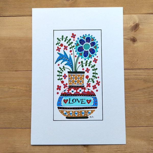 Flower folk art painting in love vase, A5 original artwork floral decorative  