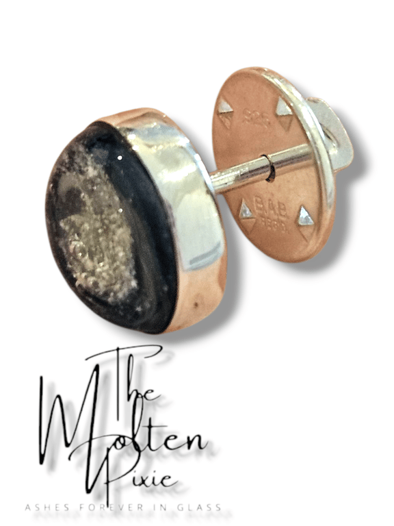 Ashes in glass tie tack pin finished in sterling silver