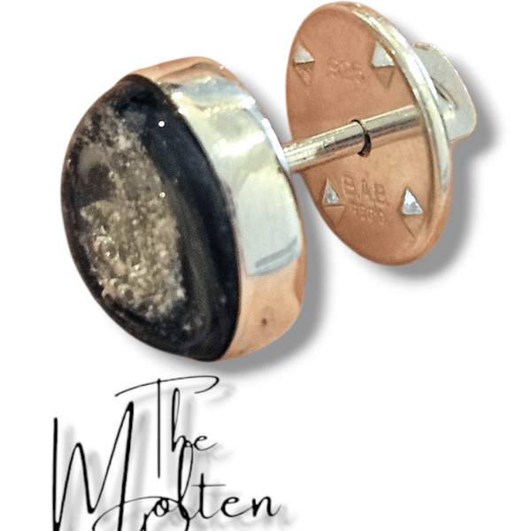 Ashes in glass tie tack pin finished in sterling silver