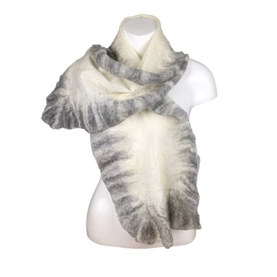 Seconds Sunday Merino wool and silk scarf, nuno felted, white with a grey border
