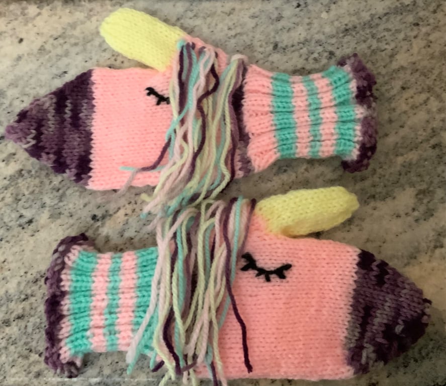 Hand Knitted Rainbow Unicorn Mittens for Child Approx Fit 4-7 Years