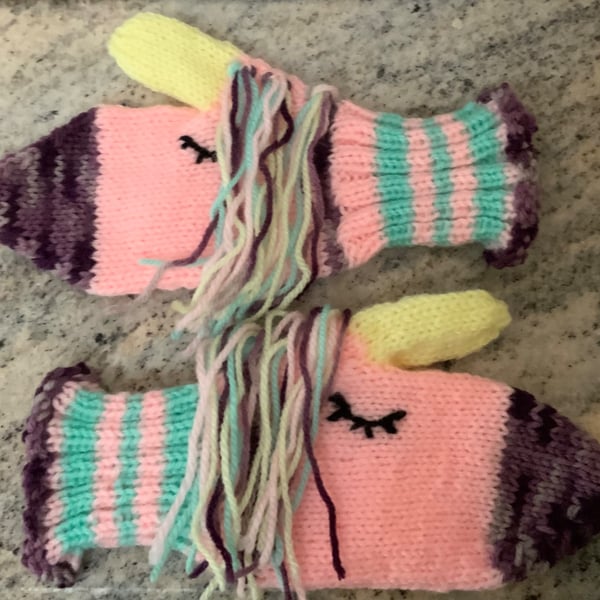 Hand Knitted Rainbow Unicorn Mittens for Child Approx Fit 4-7 Years