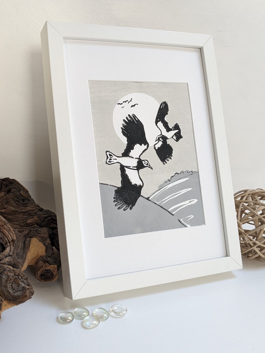 Print original hand printed linocut Lapwings grey black home decor nature gift