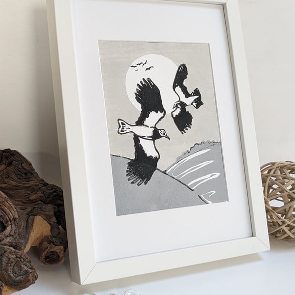 Print original hand printed linocut Lapwings grey black home decor nature gift