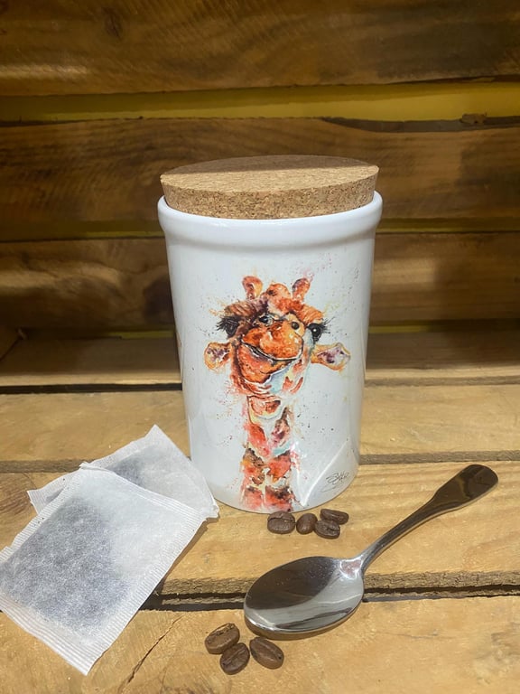Giraffe Watercolour Ceramic Storage Jar with Cork Lid, by Wildlife Artist Sandi 