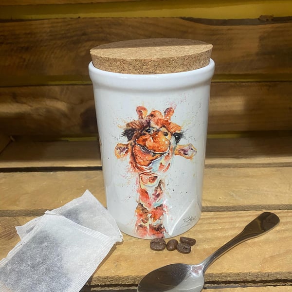 Giraffe Watercolour Ceramic Storage Jar with Cork Lid, by Wildlife Artist Sandi 