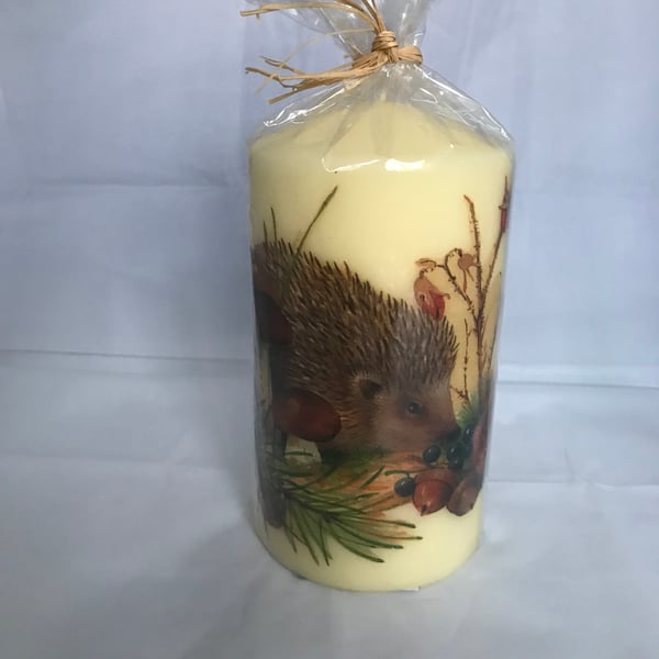 Decorated Candle Hedgehog in Snow Winter Christmas Decoupage Unusual 18cms