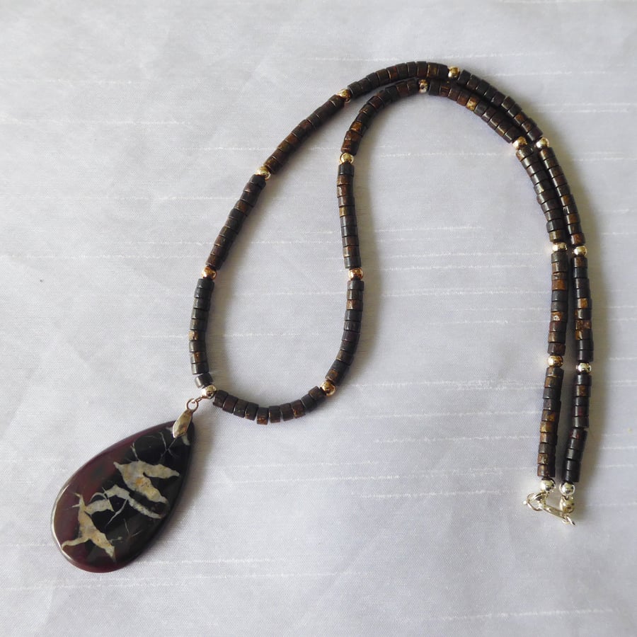 Sterling Silver Necklace with Bronzite Gemstones & Black Septarian Pendant  