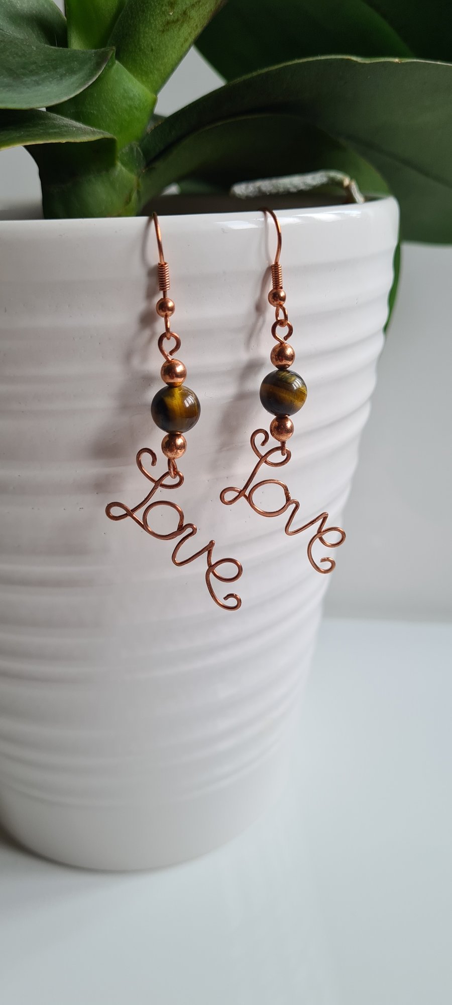 Natural Tigers Eye & Copper Dangle LOVE  Earrings Gift Crystal Jewellery Jewelry