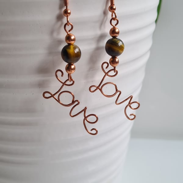Natural Tigers Eye & Copper Dangle LOVE  Earrings Gift Crystal Jewellery Jewelry