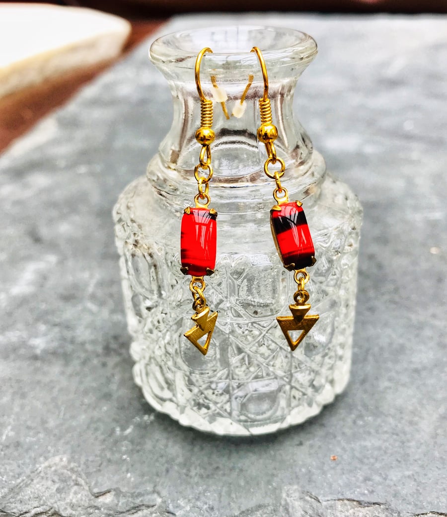  Cherry red and black vintage glass stone earrings with brass triangle dangles