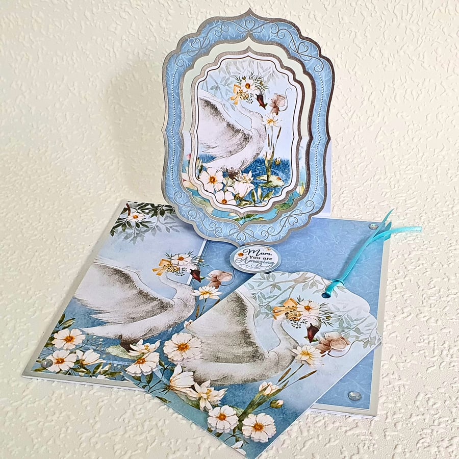 "Mum You Are Amazing" Easel Card & Gift Tag  with a Swan, Mother's Day, Birthday