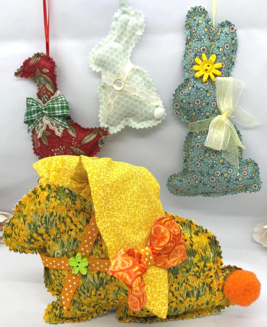 Handmade Easter Decoration Set – Fabric Bunny & Goose Ornaments 4Pcs