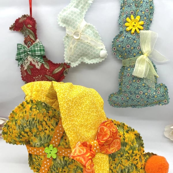 Handmade Easter Decoration Set – Fabric Bunny & Goose Ornaments 4Pcs