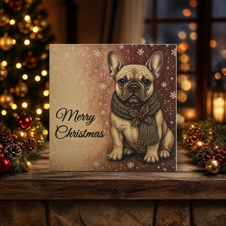 Image of French Bulldog Christmas Cards, Pack of 10 with Envelopes, Vintage Sketch