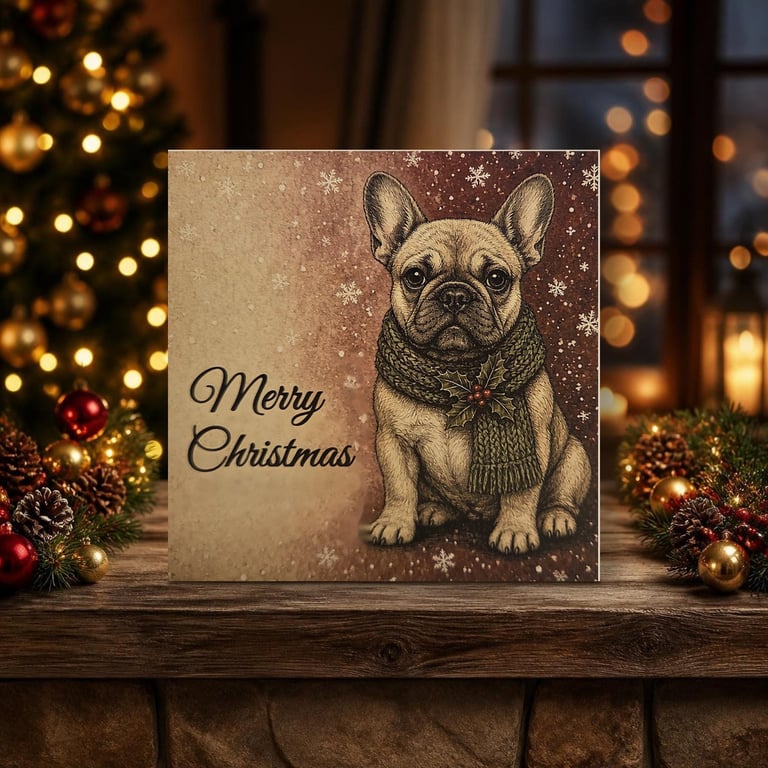 French Bulldog Christmas Cards, Pack of 10 with Envelopes, Vintage Sketch