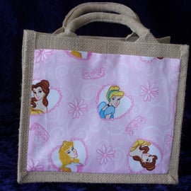 Small Jute Bag with Disney Princess's in Hearts on a Pink Background