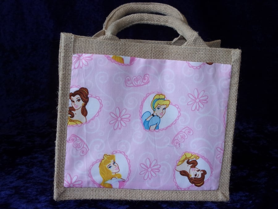 Small Jute Bag with Disney Princess's in Hearts on a Pink Background