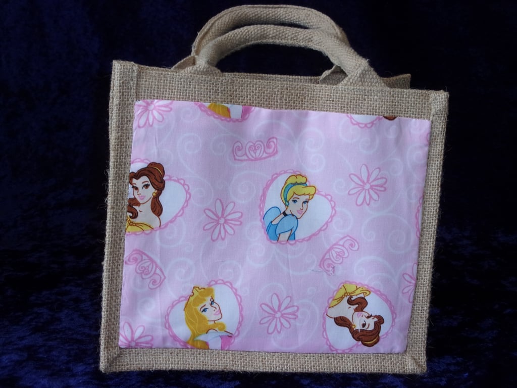 Small Jute Bag with Princess's in Hearts on a Pink Background