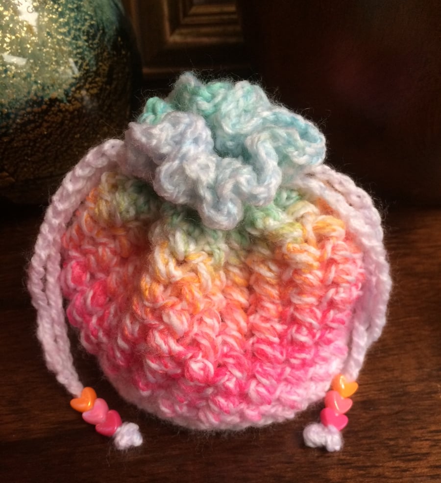 Hand Crocheted Luxury Unicorn Drawstring Bag Purse With Love Heart Beads