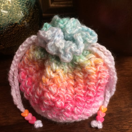 Hand Crocheted Luxury Unicorn Drawstring Bag Purse With Love Heart Beads