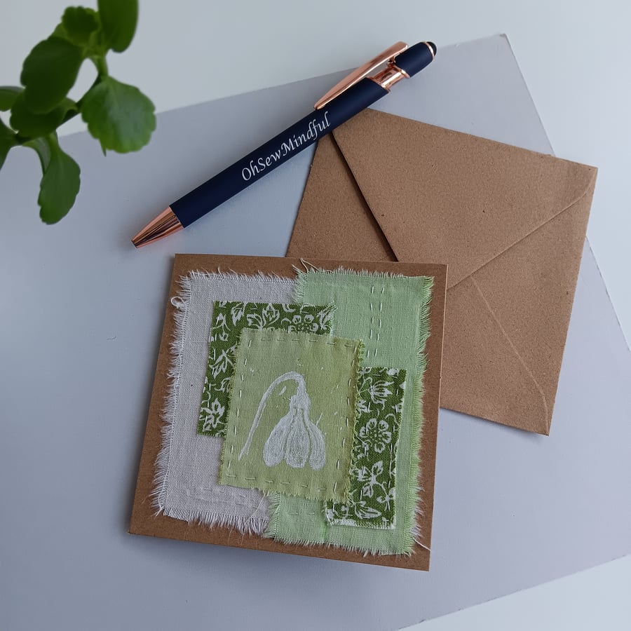 Textile Card with Hand Printed Snowdrop
