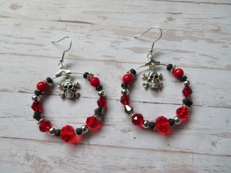 Red Black & Silver Skull & Crossbones Gothic Pirate Steampunk Earrings