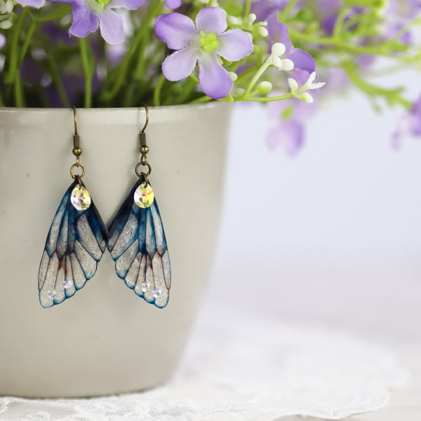 Fairy Wing Earrings Deep Blue Crystal Fairycore Cottagecore Boho Fairy Gift
