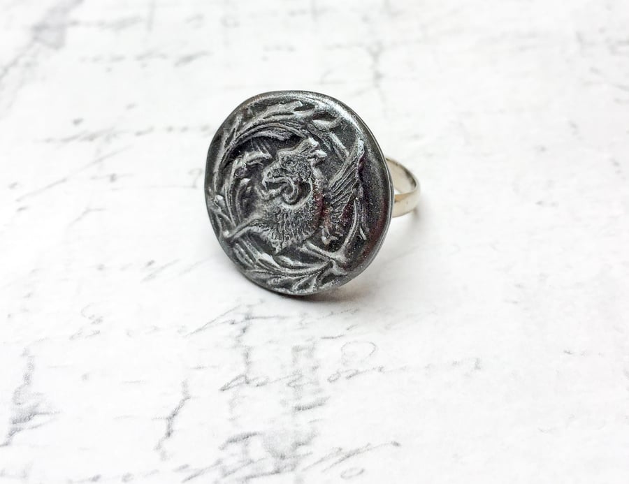 Griffin adjustable ring pewter colour Mythological Beast Medieval vintage style 
