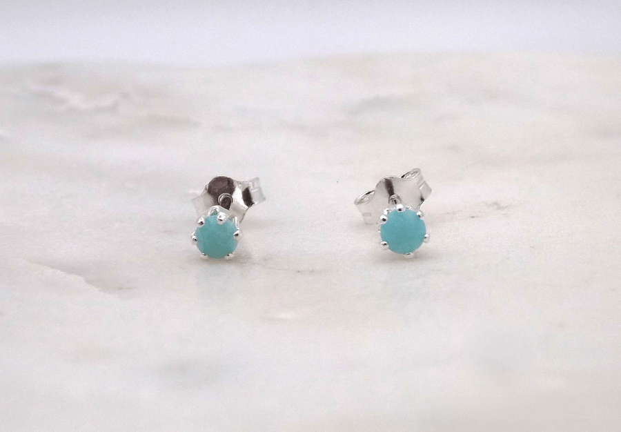 Amazonite Facet 3mm Gemstone 6 Prong Sterling Silver Stud Earrings.