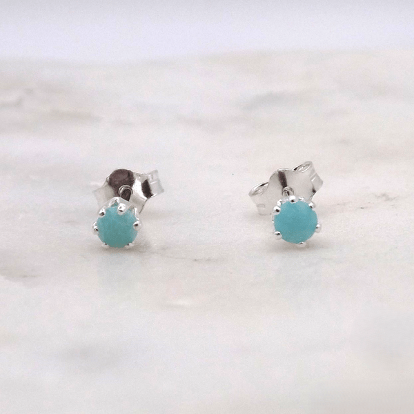 Amazonite Facet 3mm Gemstone 6 Prong Sterling Silver Stud Earrings.