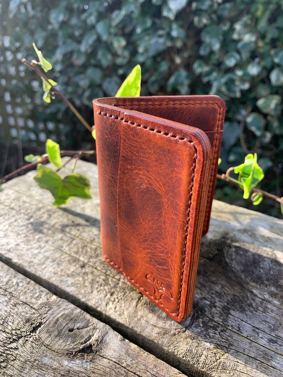 Leather wallet brown bifold handmade lightweight and slim for cards and cash