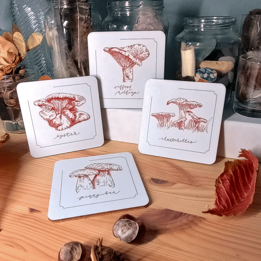 Wooden Coasters (Set of 4) - Pen illustrations of Edible Mushrooms
