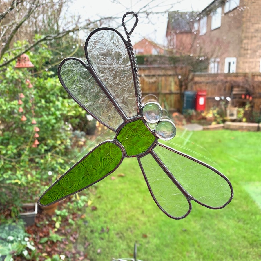 Stained Glass Dragonfly Suncatcher - Handmade Window Decoration - Lime Green