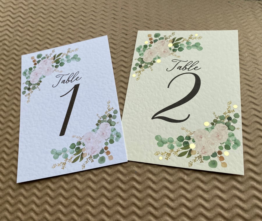Blush pink roses eucalyptus TABLE NUMBERS wedding foliage rustic A6 card