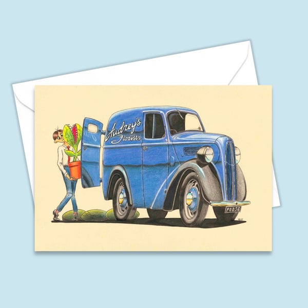 Mid Century Florist Van Illustration Printed as an All Occasion Greetings Card
