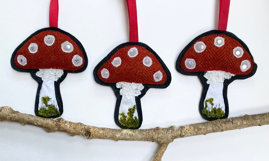 Upcycled embroidered woodland mushroom home decoration. 