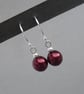 Simple Burgundy Glass Pearl Drop Earrings - Dark Red Ball Dangle Earrings - Image 2