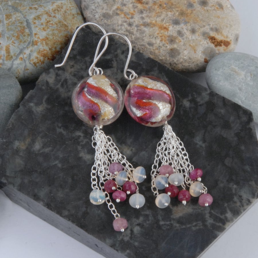 Ruby, opal and murano glass silver tassel dangle earrings