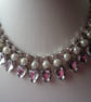 PEARL, CRYSTAL RHINESTONE AND SILVER BIB STYLE NECKLACE.  1030 - Image 2